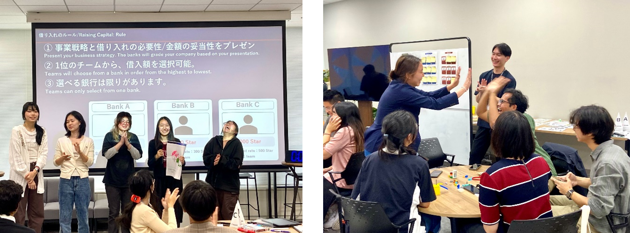 Left: Students presenting to the bank. Right: Students celebrating the success of their team presentation.