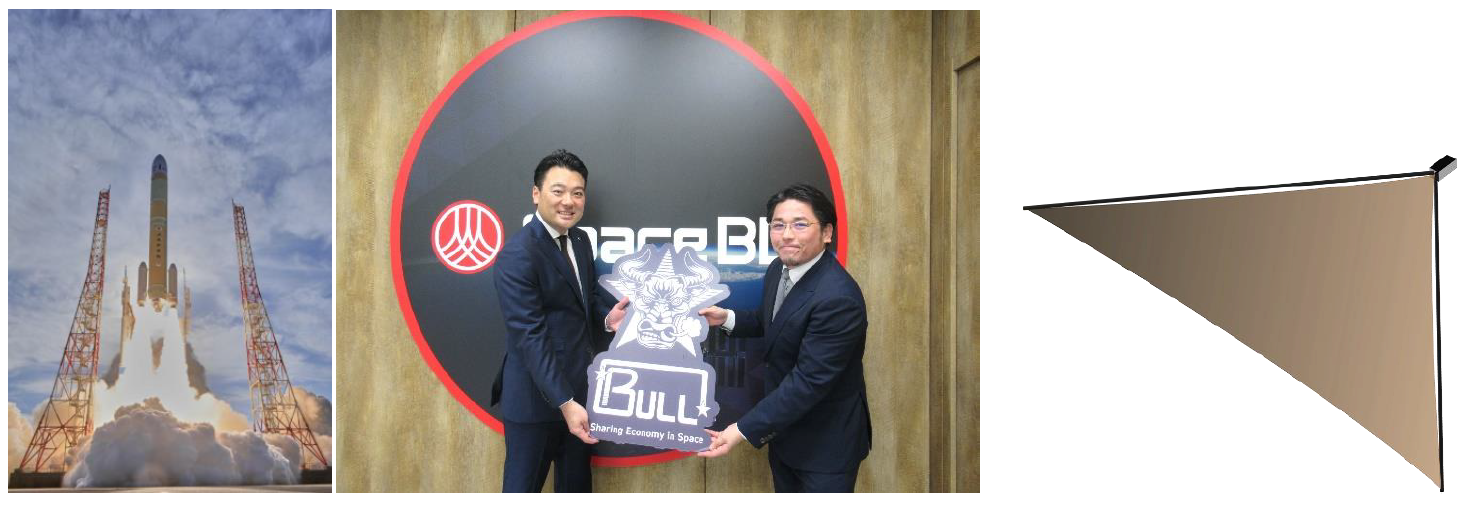 中央:BULL CEO 宇藤様(右)とSpace BD 永崎(左)
左:2024年2月に打ち上げられたH3ロケット試験機2号機でも、Space BDは衛星搭載を支援(提供=JAXA)
右:今回の実証用装置のイメージ。衛星(図中の右上)から膜を展開し、大気抵抗での迅速な軌道降下の実現を目指す