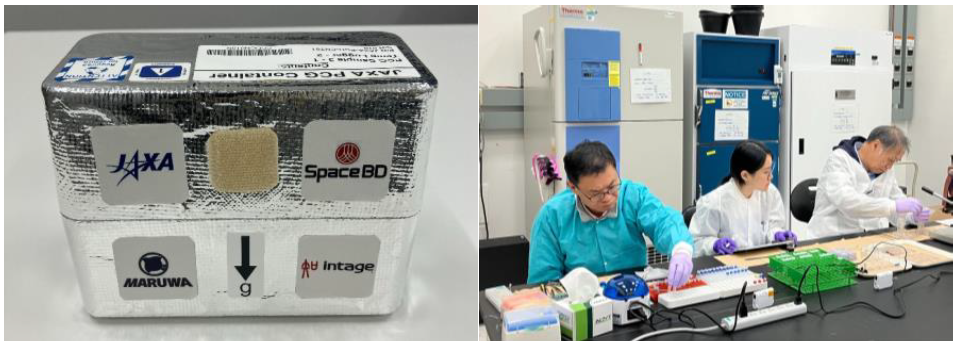 左:今回打上げのサンプルが搭載されたコンテナ
右:NASAケネディスペースセンターにて搭載サンプルの充填作業をする様子(真ん中:Space BD社員)