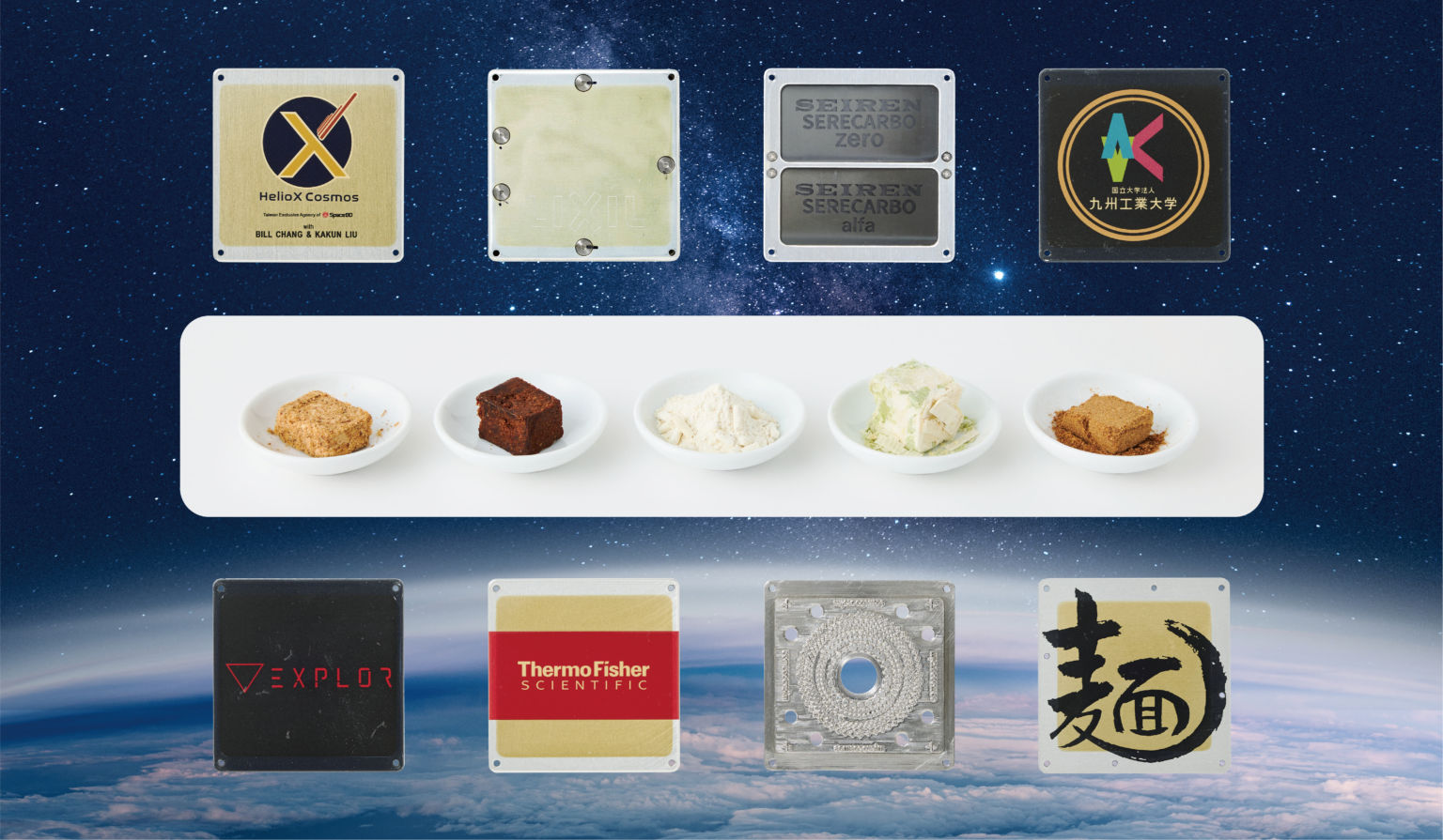 宇宙空間から地球に帰還したプレート素材とラーメン具材(左から:チャーシュー、スープ、めん、ネギ、メンマ)